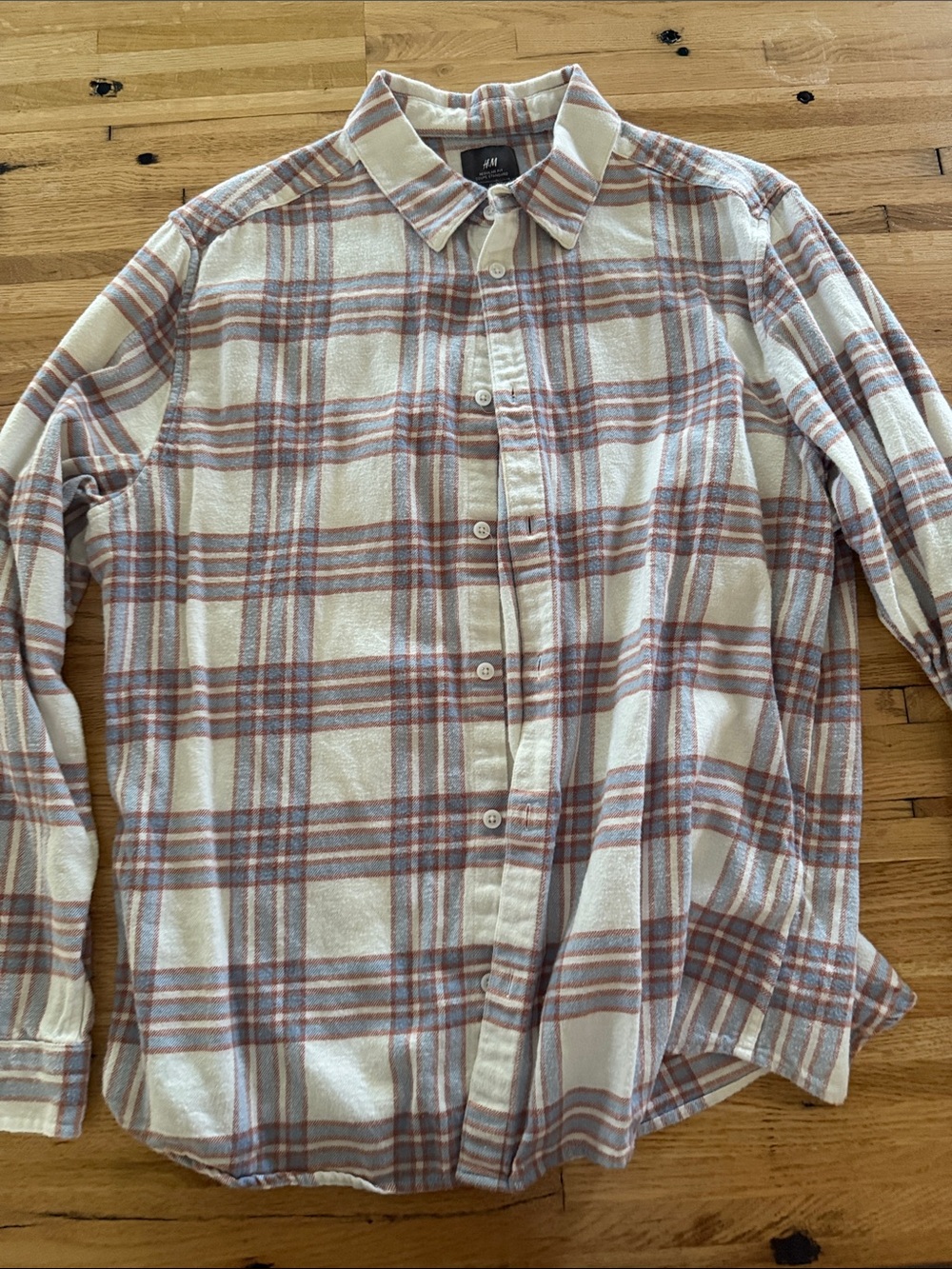 H&M Cream Plaid Long-Sleeve Button-Down Shirt with Brown & Blue Stripes